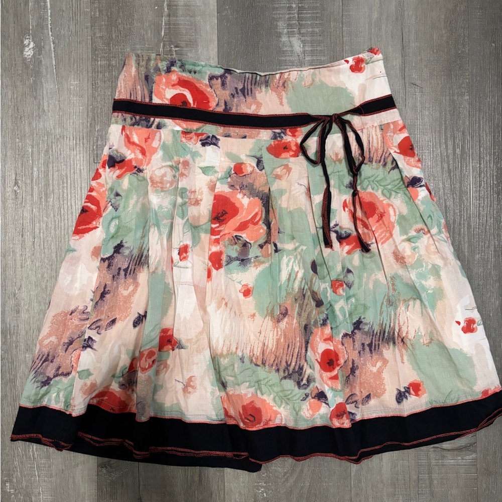 Floral 100% Cotton Pleated A-Line Skirt in Coral & Mint